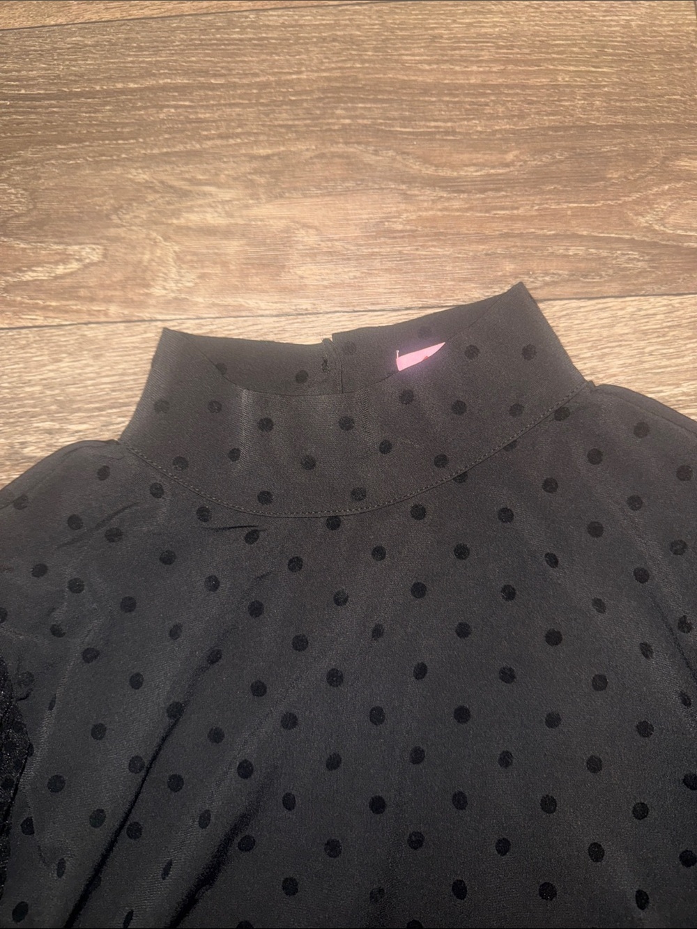 Eva Franco Black Polka Dot Mock Neck Top with Sheer Patterned Sleeves - Picture 7 of 14